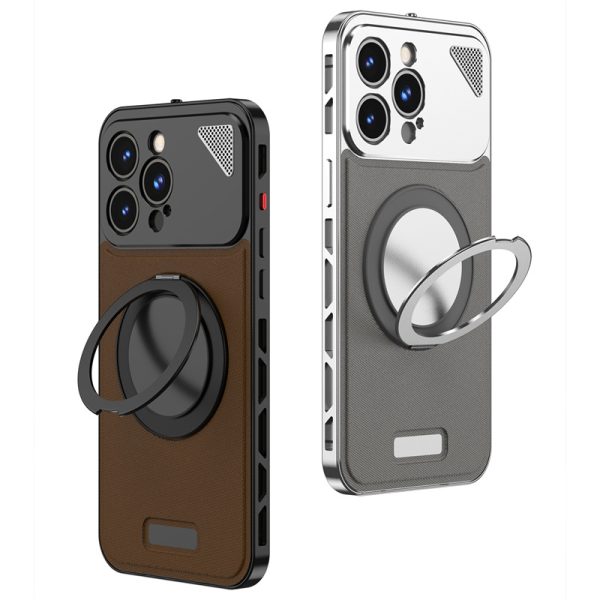 Magnetic Elastic Snap Metal Bumper 360 Rotating Stand Case For iPhone 15 14 13 Pro Max Pro Leather Lens Protective Back Cover