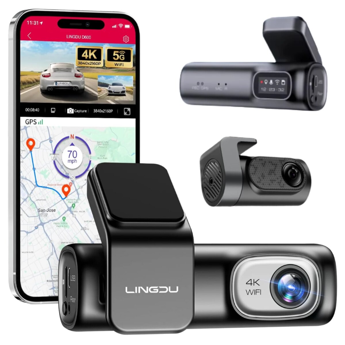 Lingdu D600 4K Dash Cam Dual Lens Dashboard Camera Front Rear Wide Angle Infrared Night Vision Loop Recording G Sensor WDR 64GB