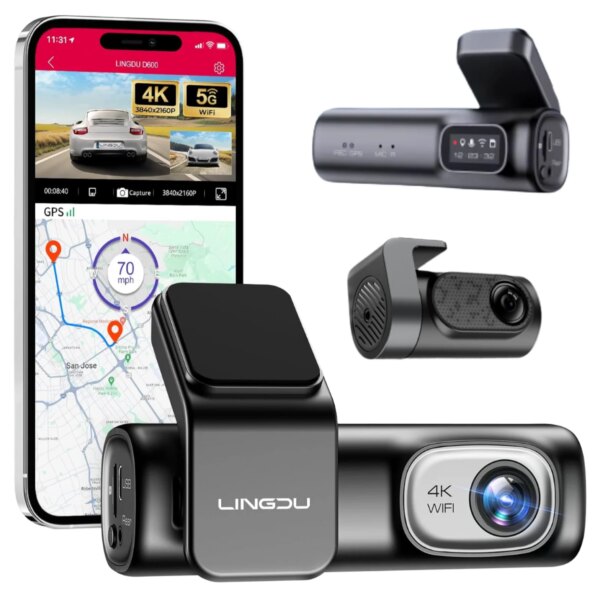 Lingdu D600 4K Dash Cam Dual Lens Dashboard Camera Front Rear Wide Angle Infrared Night Vision Loop Recording G Sensor WDR 64GB