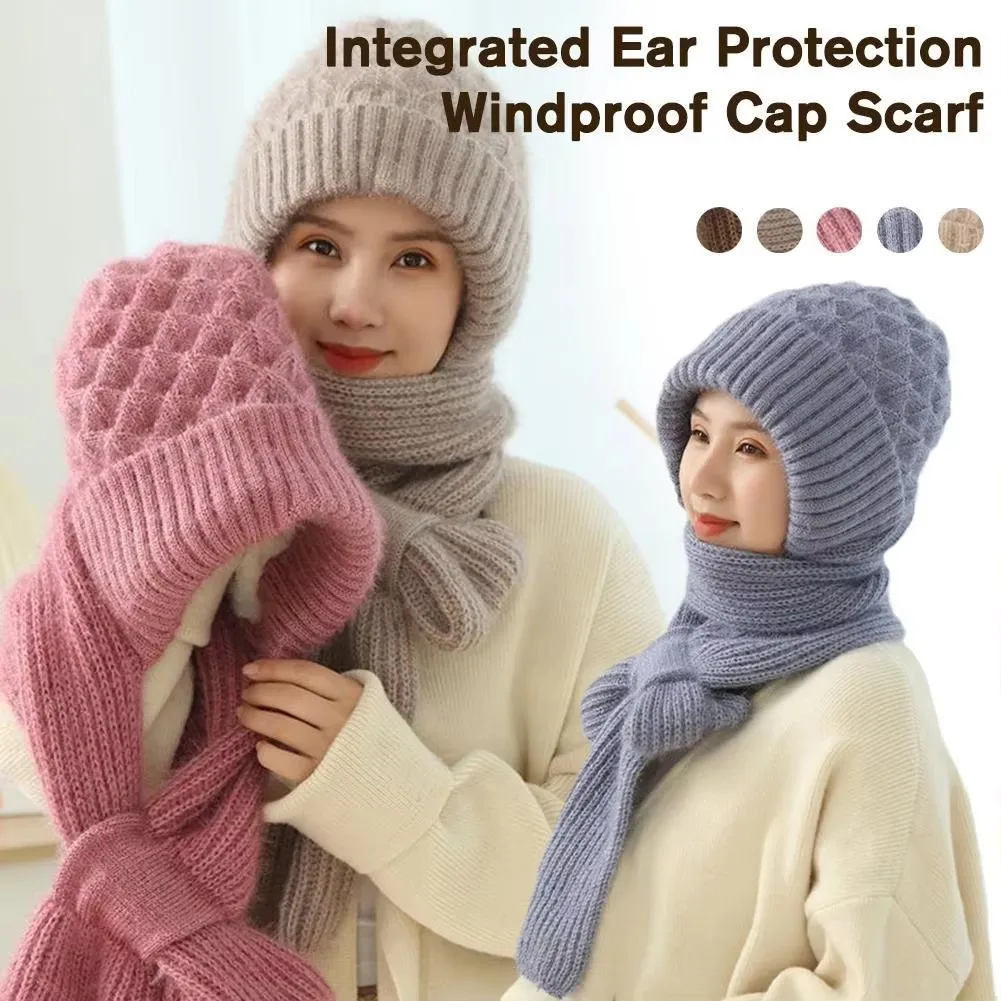 Warm Beanies Cycling Windproof Ladies Outdoor Caps Cold Proof Ear Protection Scarf Winter Knitted Integrated Hat Scarf Set