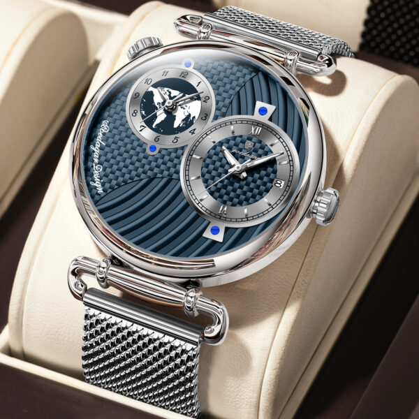 Poedagar Men's Luxuryl Quartz Watch Dual Time Zone Mesh Stainless Steel - Silver-Blue
