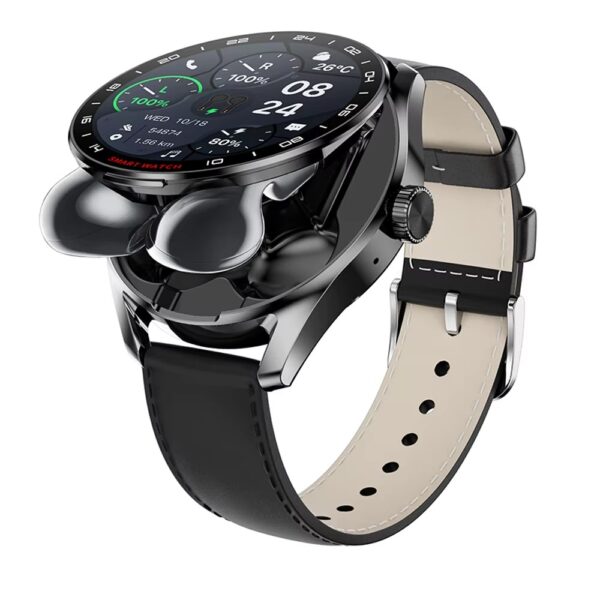 2 in 1 Smartwatch with TWS Earphones BT Call Voice Assistant Music Playback Smart Watch - Black leather